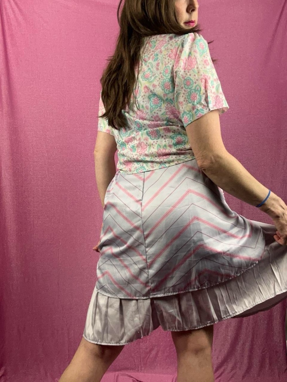 Wicked Glinda pink & white pleated skirt with chevron pattern on the skirt and g